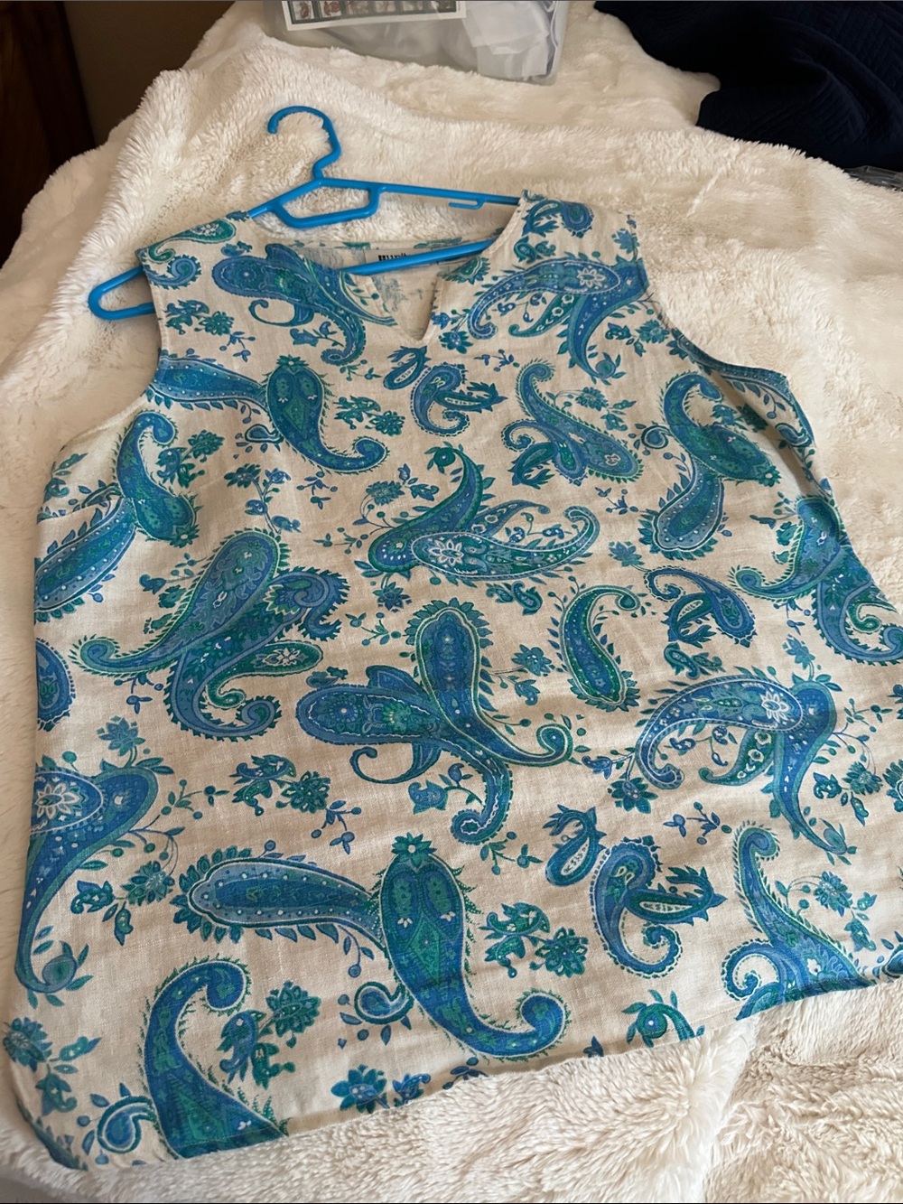 Vibrant Blue Paisley Sleeveless Linen Top